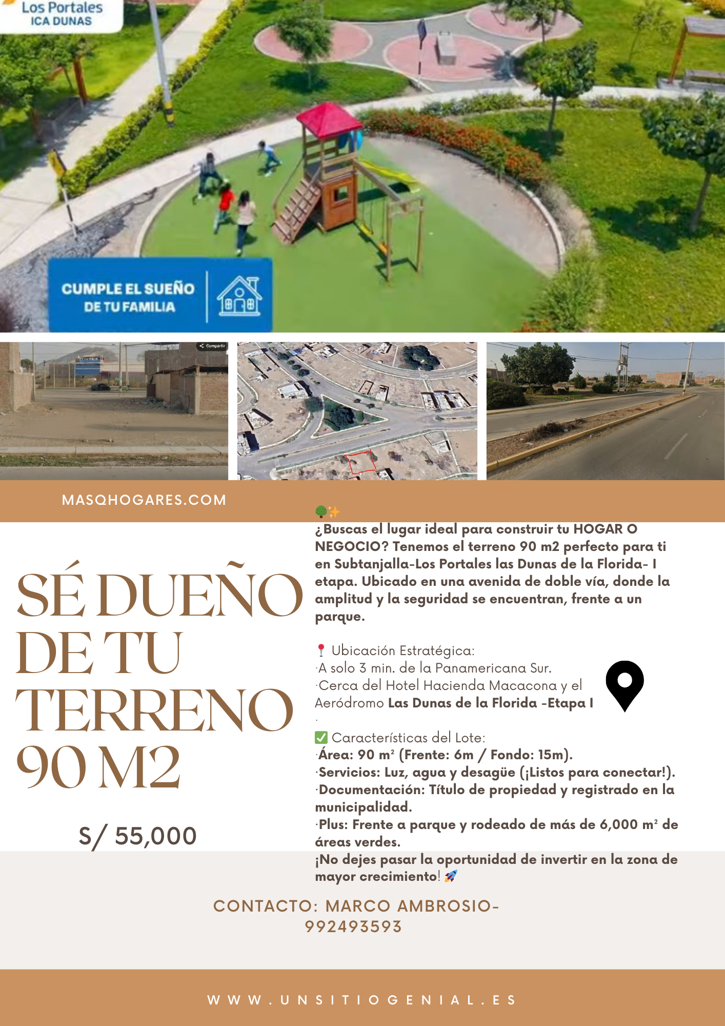 ICA, LAS DUNAS DE LA FLORIDA- VENDO TERRENO 90 M2, FRENTE A PARQUE,